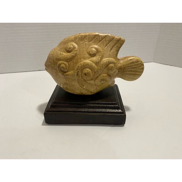 Fish Figurine on Wood Block Ceramic 8" Beach House Neutral Coastal Decor - Picture 2 of 8